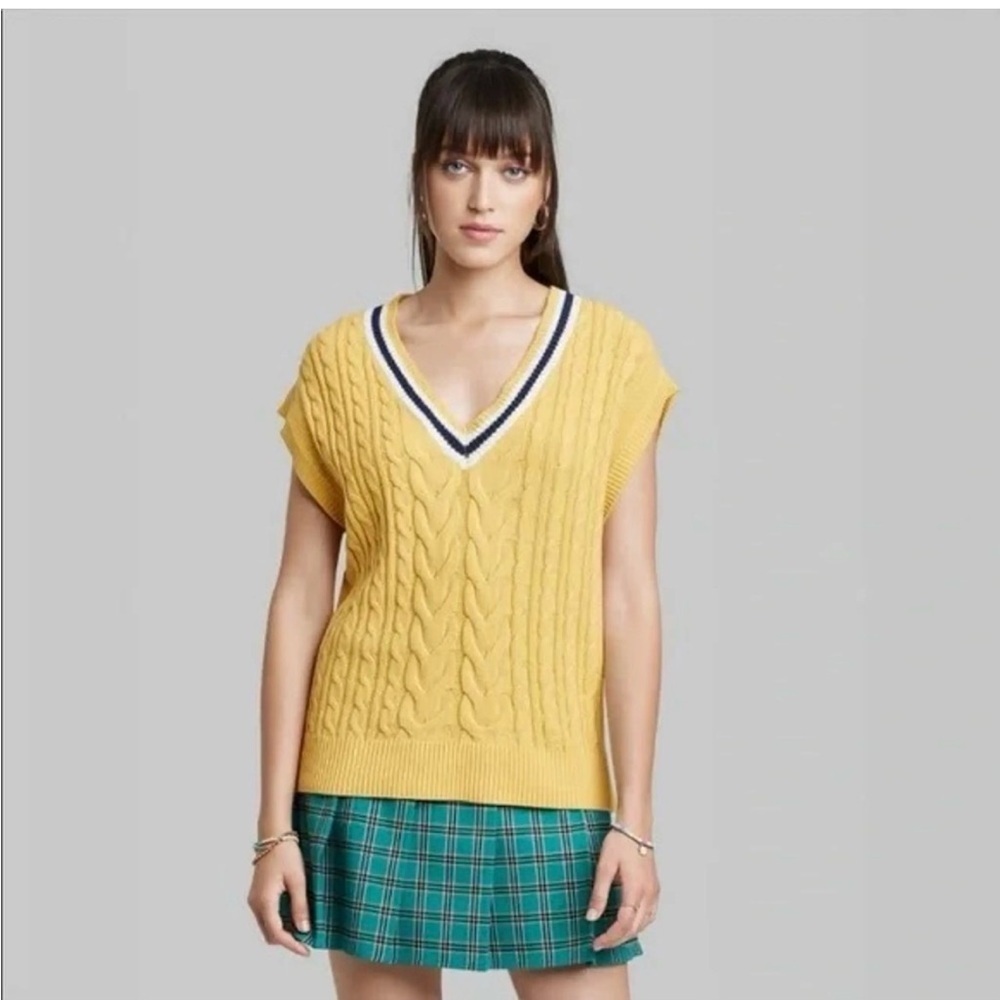 Wild Fable Yellow V-Neck Cable Knit Sweater academia preppy casual work